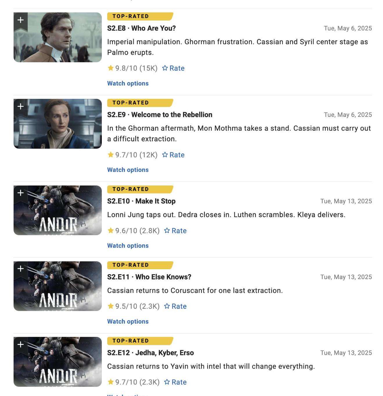 Star Wars Andor infrange il record: è la prima serie TV con cinque episodi consecutivi valutati 9.5 o più su IMDb