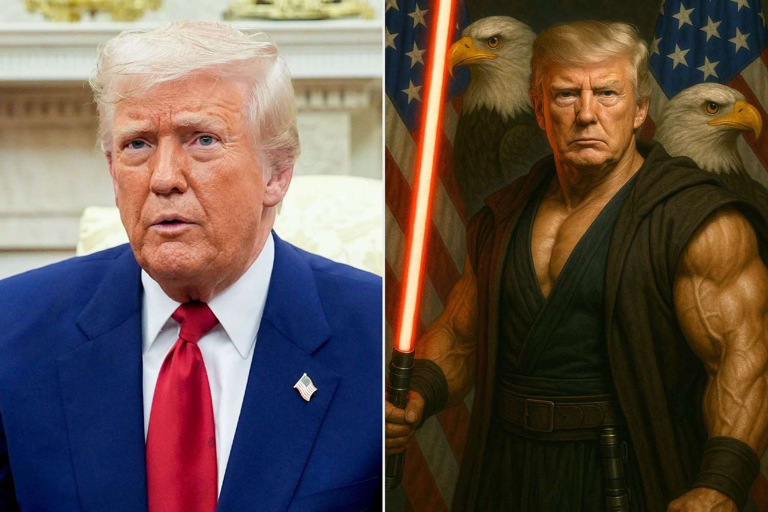 Star Wars Day: Trump pensa di essere un Jedi, ma brandisce una spada laser rossa: forse non ha capito chi sono i cattivi